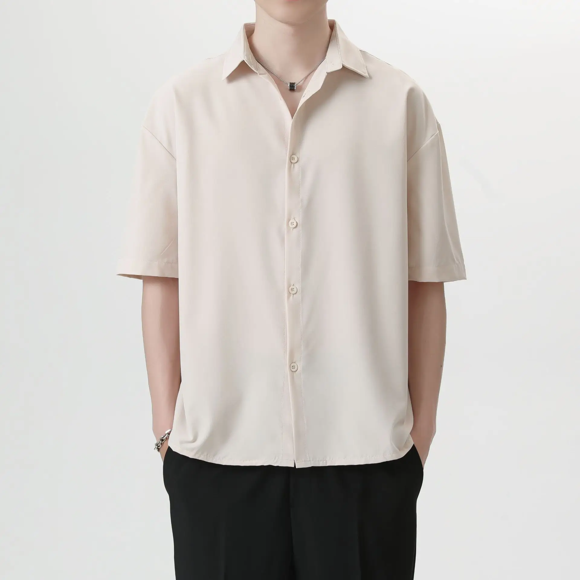 Men Ice Silk Short Sleeve Shirt Black - Image 4