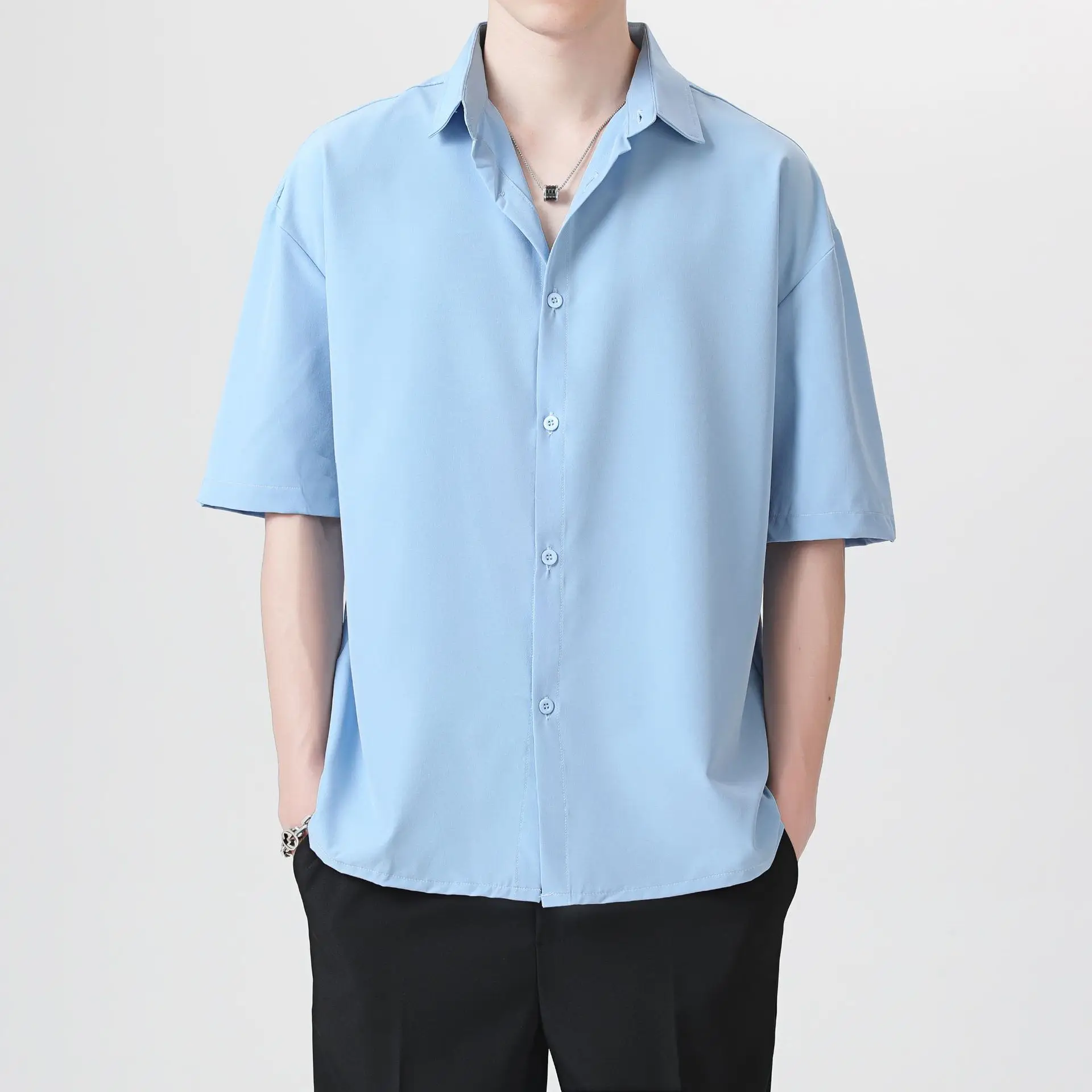 Men Ice Silk Short Sleeve Shirt Black - Image 5