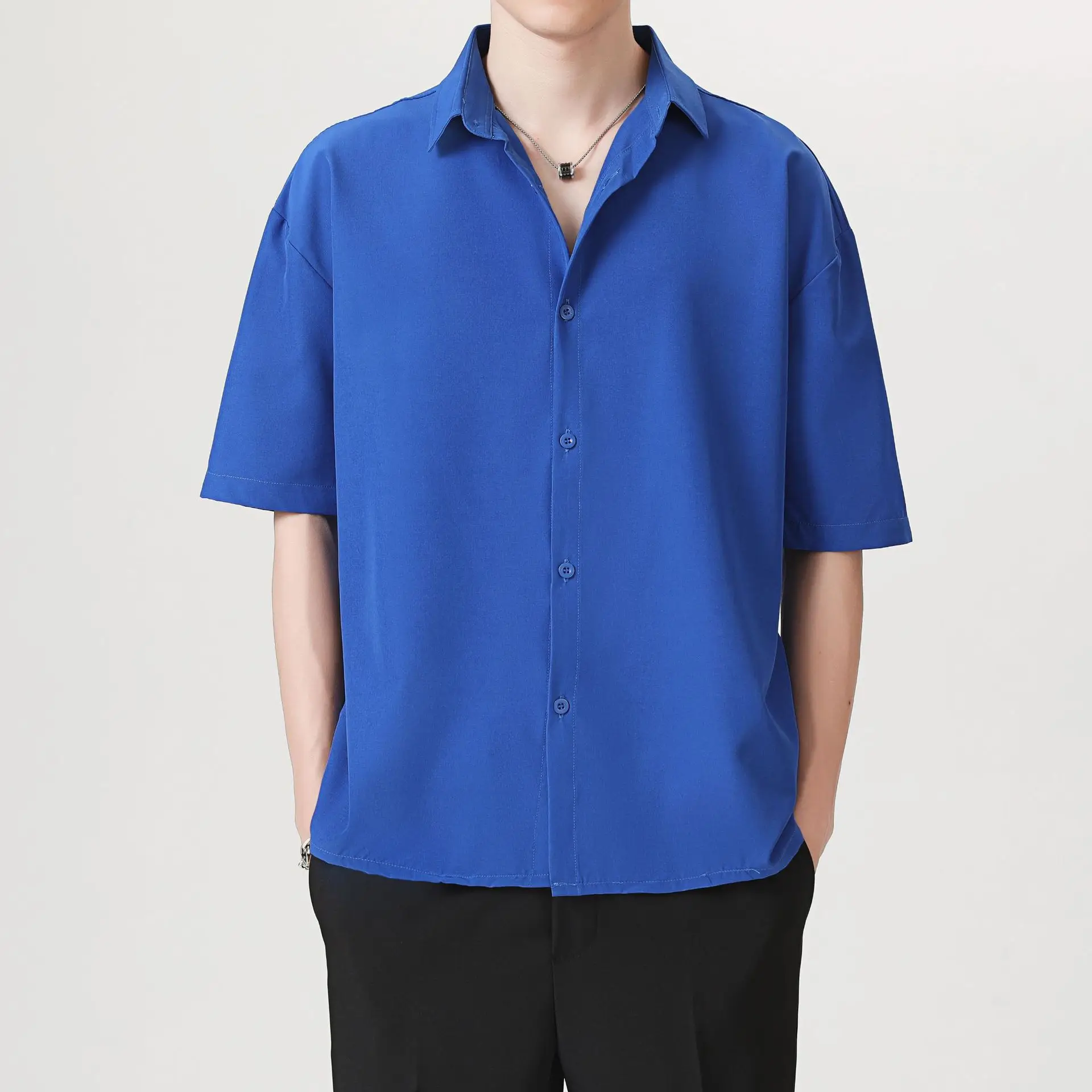 Men Ice Silk Short Sleeve Shirt Black - Image 6