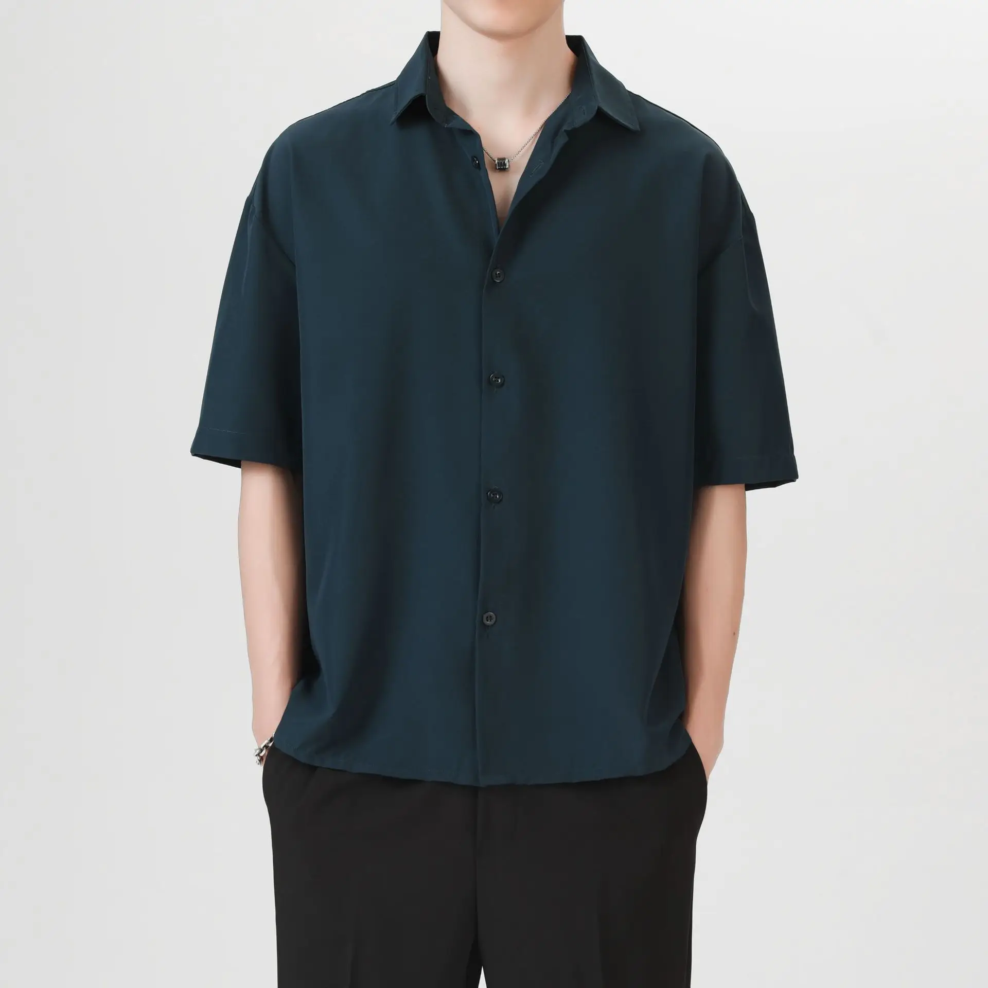 Men Ice Silk Short Sleeve Shirt Black - Image 7