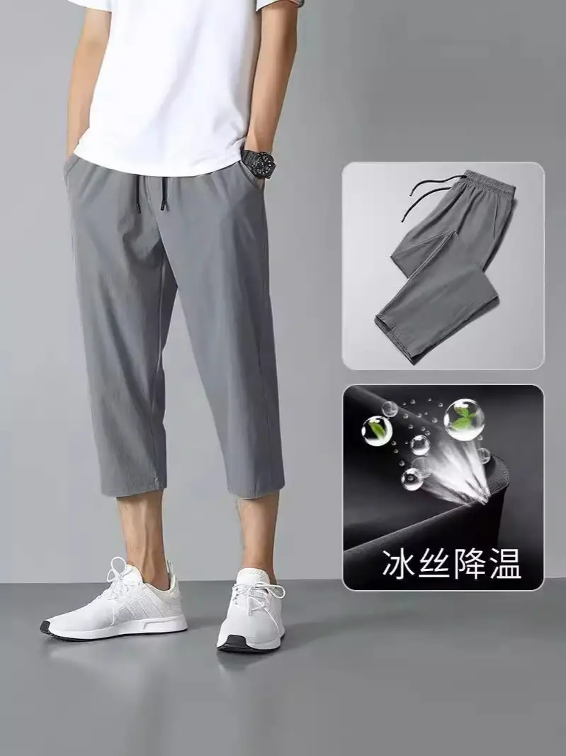 Men Ice Silk Capri Pants Grey Summer Casual - Image 5