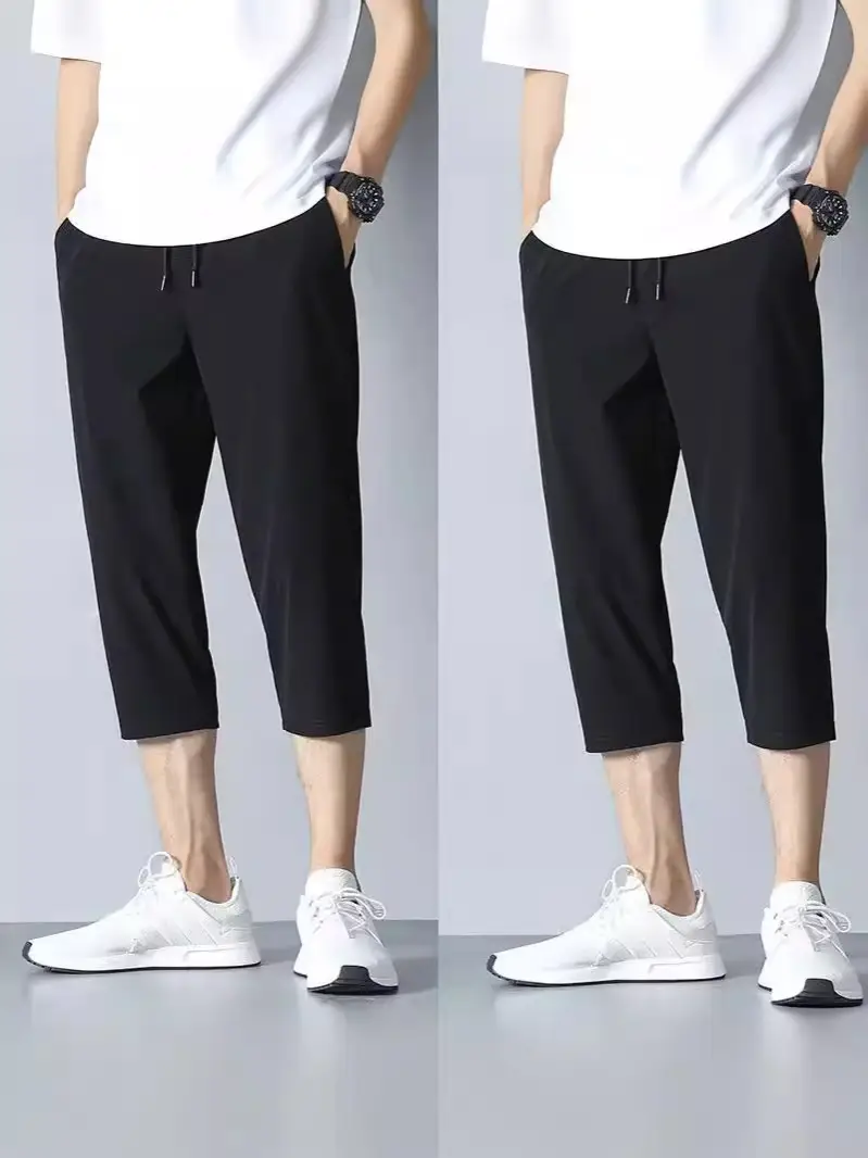 Men Ice Silk Capri Pants Grey Summer Casual - Image 7