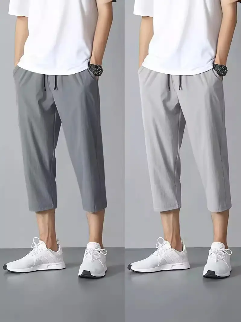 Men Ice Silk Capri Pants Grey Summer Casual - Image 8