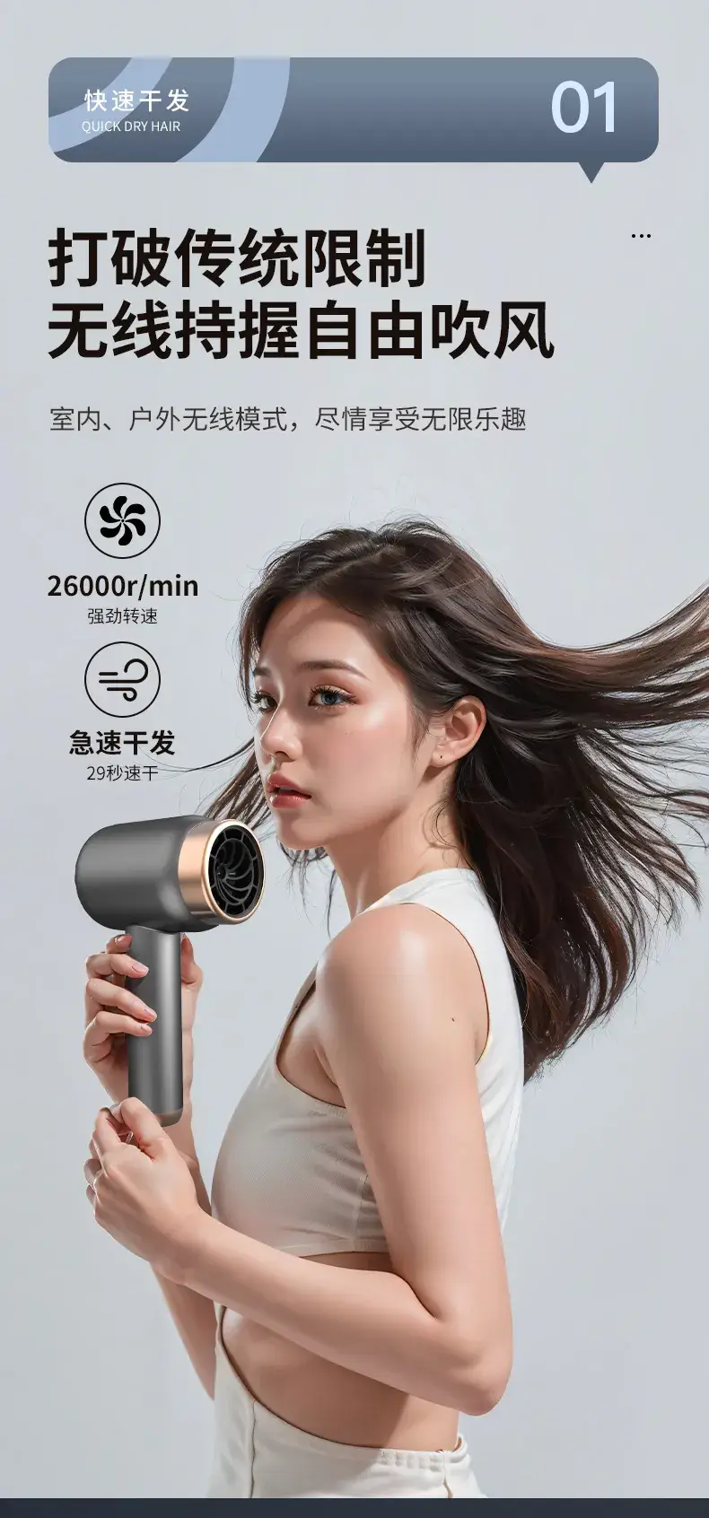 Rechargeable Hair Dryer Dark Gray High Speed Negative Ion — feature 4