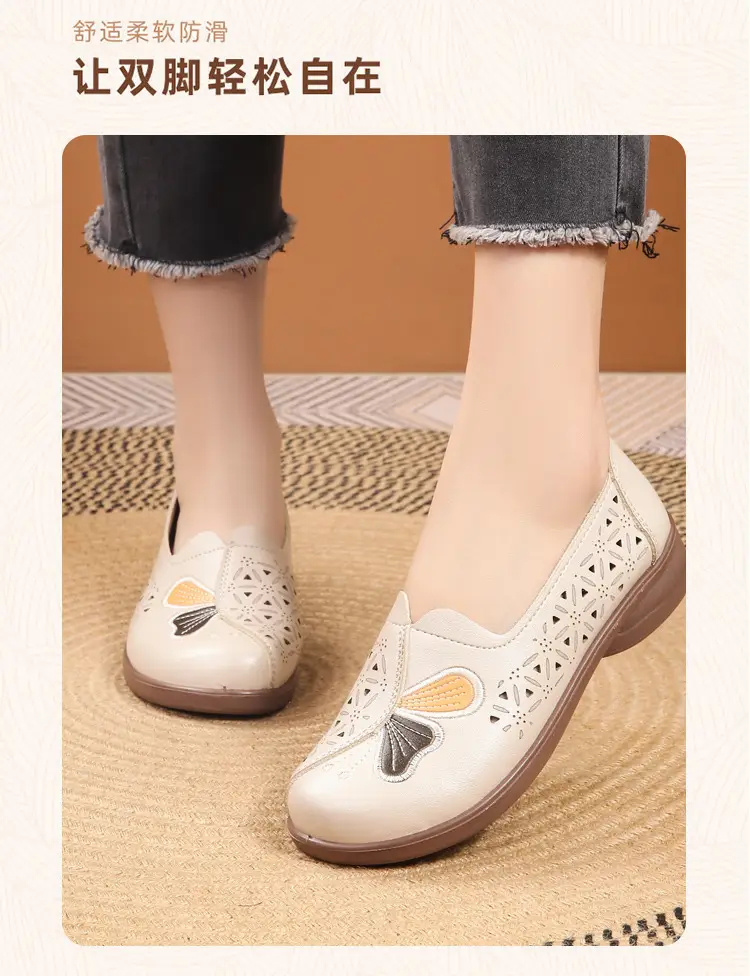 Popular Mom Shoes, Summer Style Flats, Middle-Aged and Elderly Women's Flat Non-Slip Shoes, Summer Genuine Leather Sandals, Hole-Style Sandals — feature 2