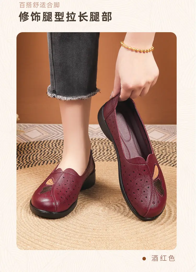 Popular Mom Shoes, Summer Style Flats, Middle-Aged and Elderly Women's Flat Non-Slip Shoes, Summer Genuine Leather Sandals, Hole-Style Sandals — feature 22