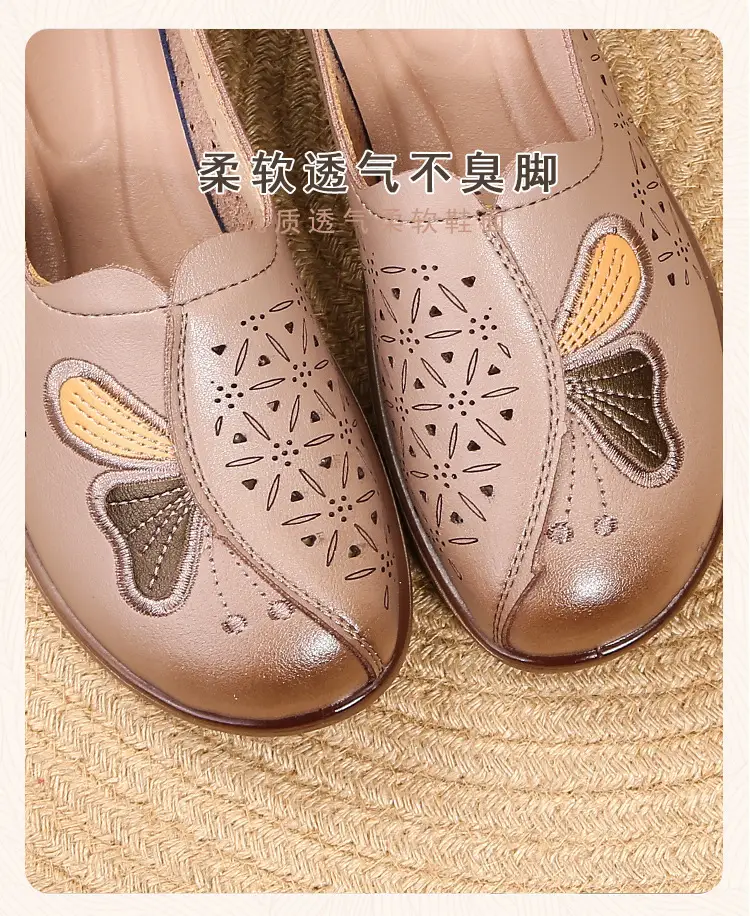 Popular Mom Shoes, Summer Style Flats, Middle-Aged and Elderly Women's Flat Non-Slip Shoes, Summer Genuine Leather Sandals, Hole-Style Sandals — feature 6