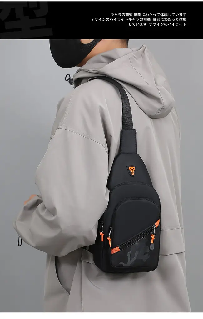 Men's Black Graphic Crossbody Bag with Orange Zippers — feature 10