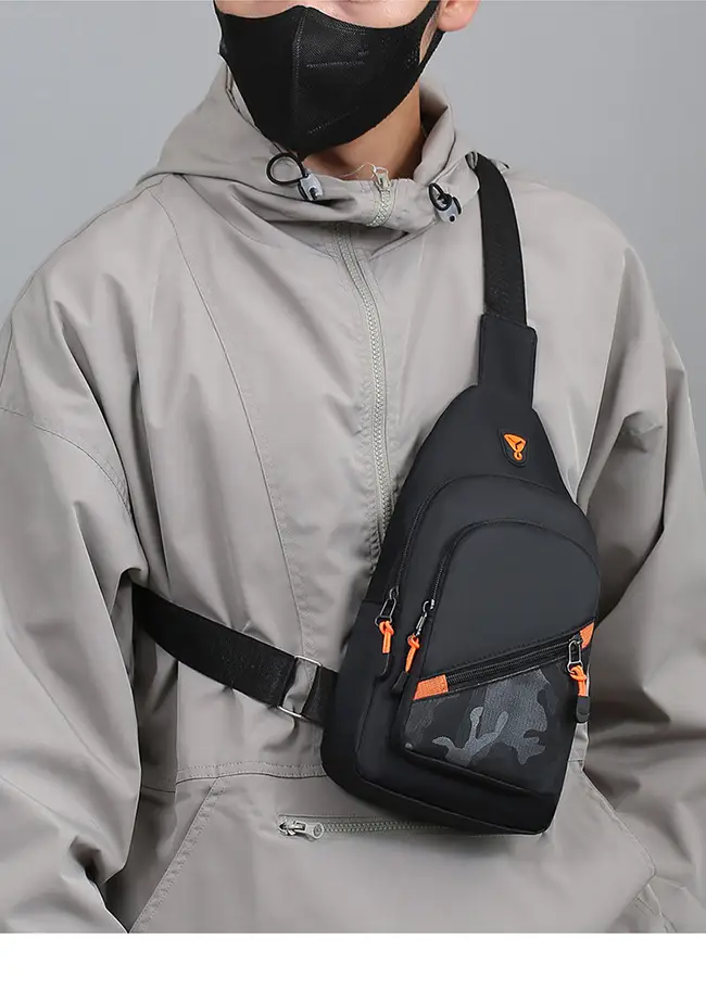 Men's Black Graphic Crossbody Bag with Orange Zippers — feature 12
