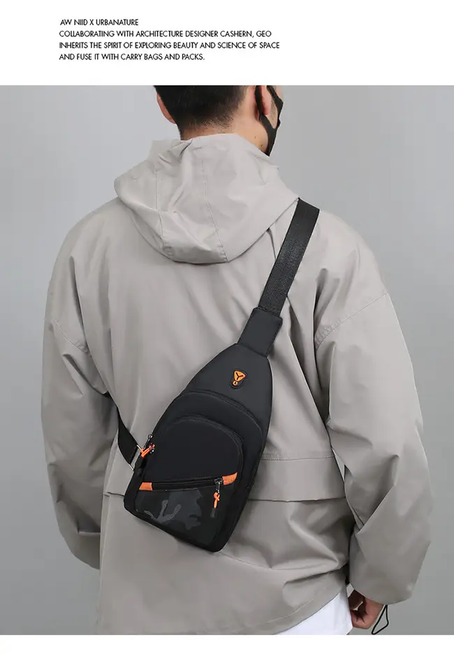 Men's Black Graphic Crossbody Bag with Orange Zippers — feature 13
