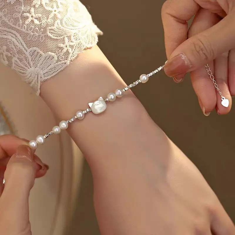 Women's Freshwater Pearl Cat Kitten Bracelet - Image 3