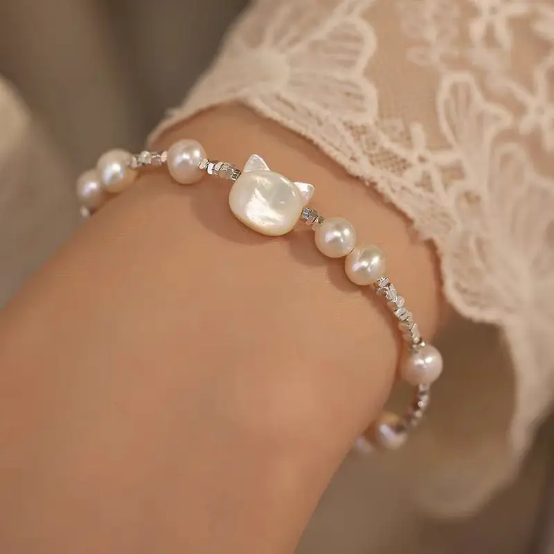 Women's Freshwater Pearl Cat Kitten Bracelet - Image 4
