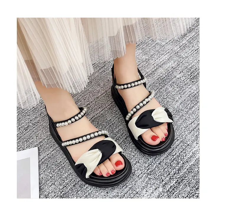 2024 summer new thick-soled Korean version of muffin pearl Roman shoes fashion color matching pearl women's sandals wholesale — feature 6