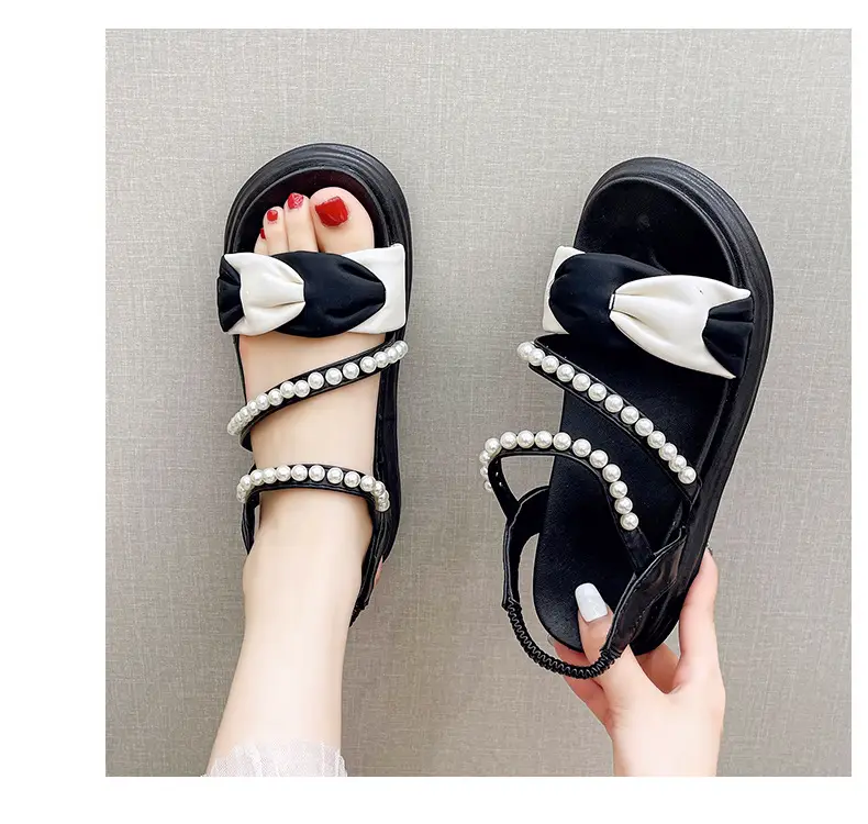 2024 summer new thick-soled Korean version of muffin pearl Roman shoes fashion color matching pearl women's sandals wholesale — feature 8