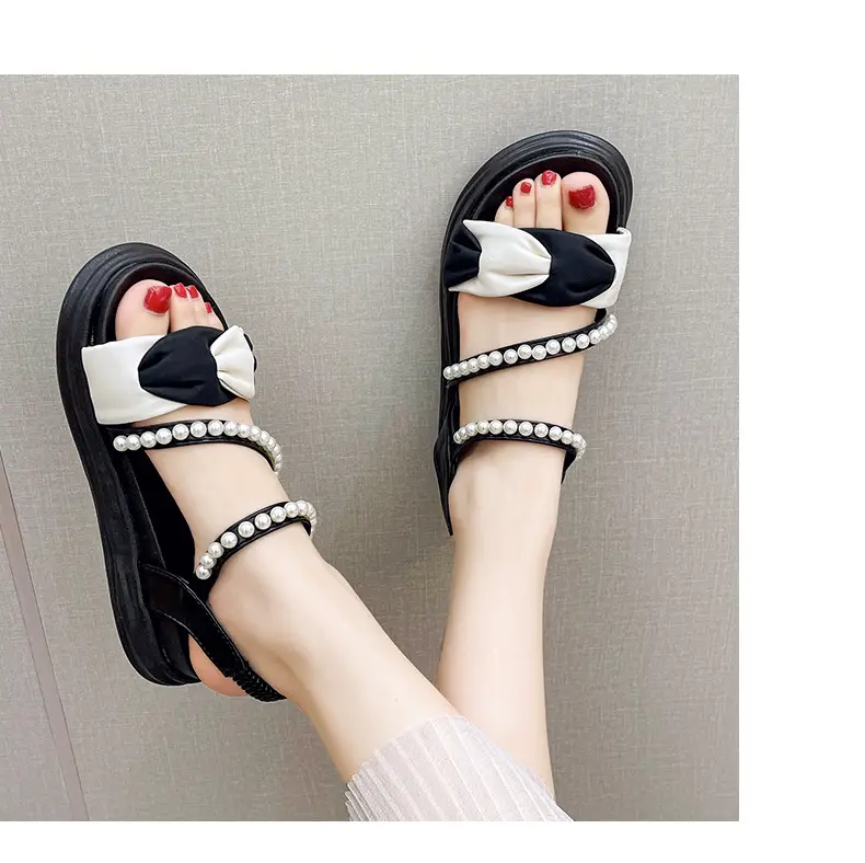 2024 summer new thick-soled Korean version of muffin pearl Roman shoes fashion color matching pearl women's sandals wholesale — feature 9