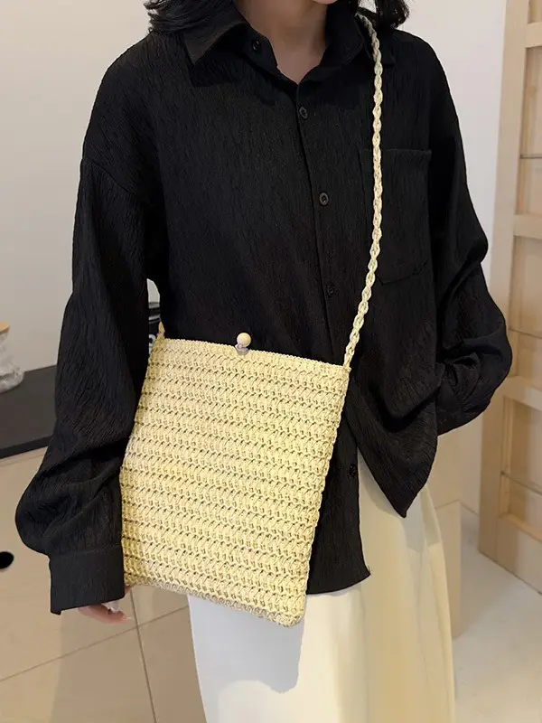Women Woven Straw Shoulder Bag Large Capacity Beige