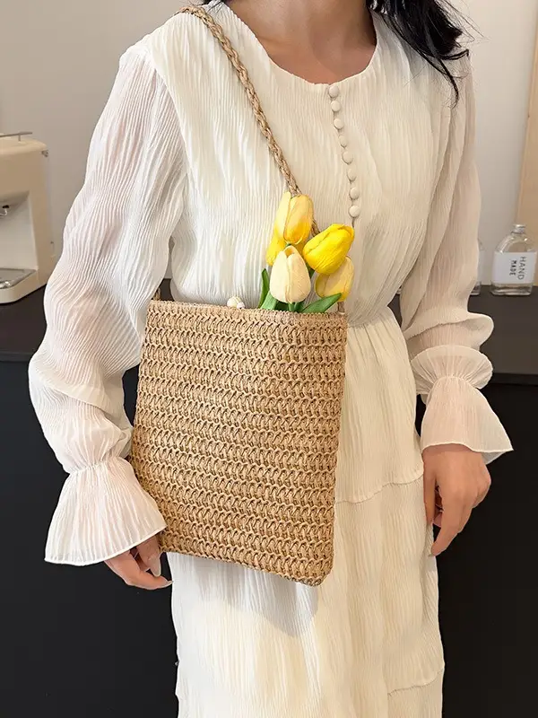 Women Woven Straw Shoulder Bag Large Capacity Beige