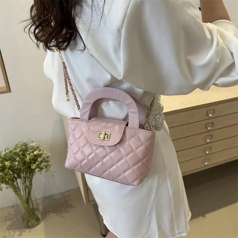 Pink Rhombic Chain Embroidery Shoulder Bag for Women - Image 7