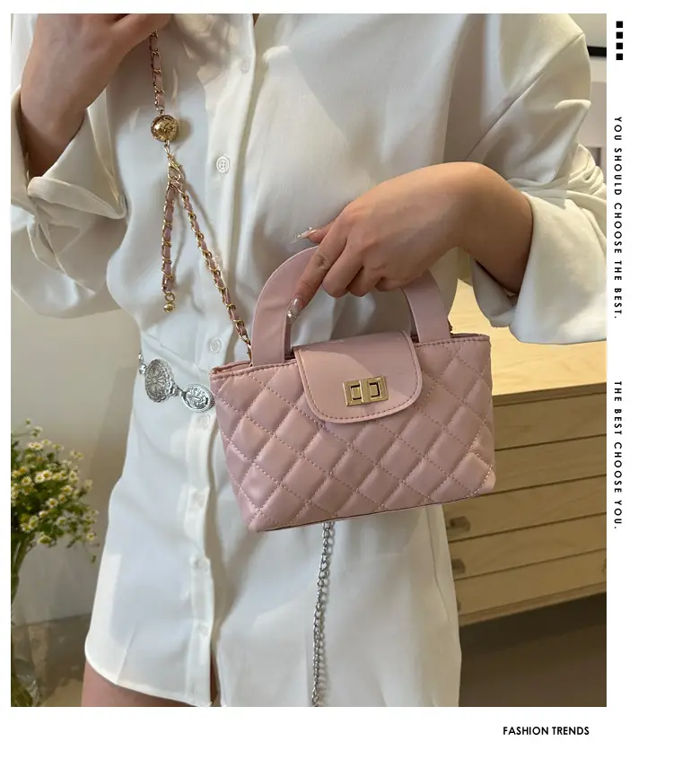 Pink Rhombic Chain Embroidery Shoulder Bag for Women — feature 2