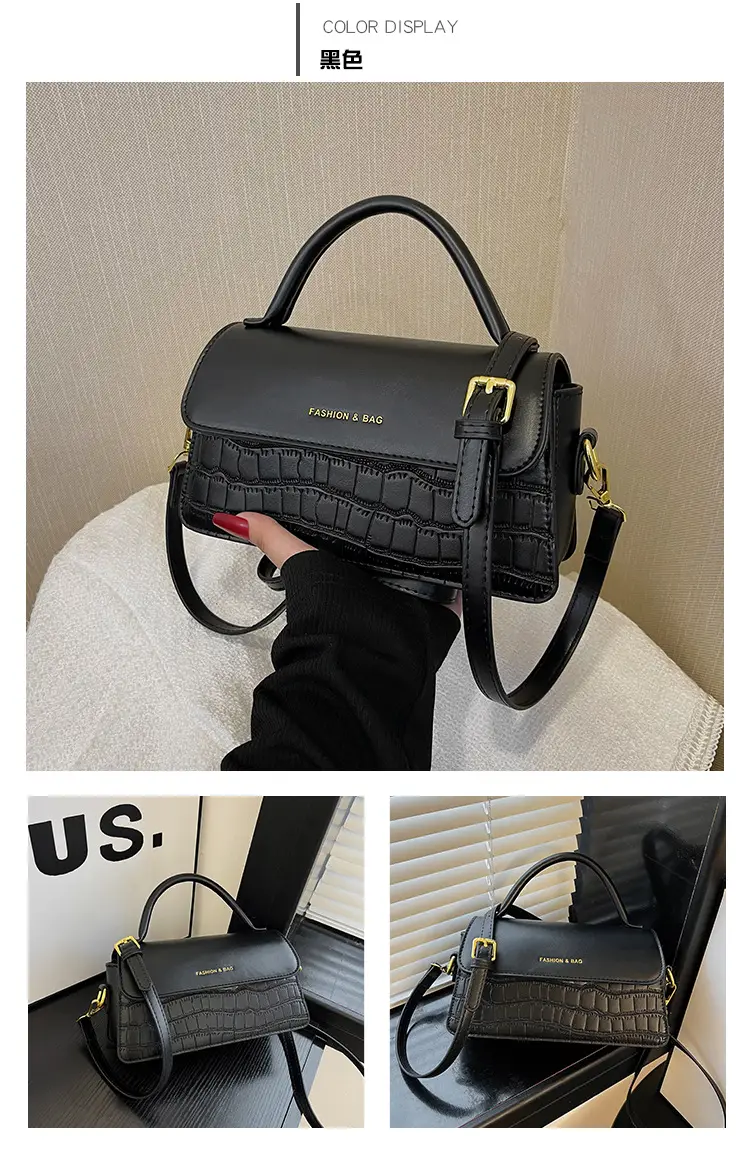 Black Croc Textured Shoulder Messenger Bag for Women — feature 18