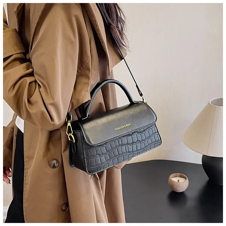 Black Croc Textured Shoulder Messenger Bag for Women — feature 33
