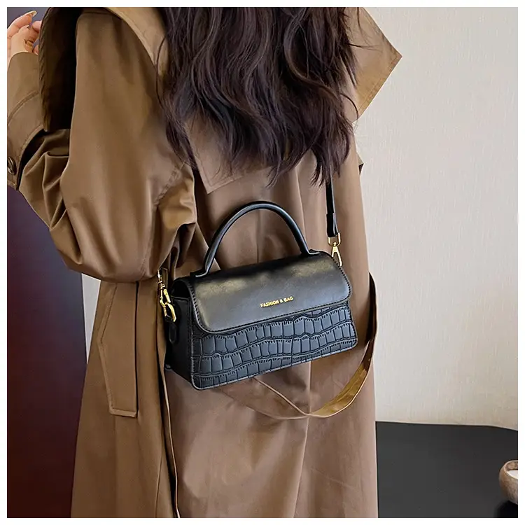 Black Croc Textured Shoulder Messenger Bag for Women — feature 34