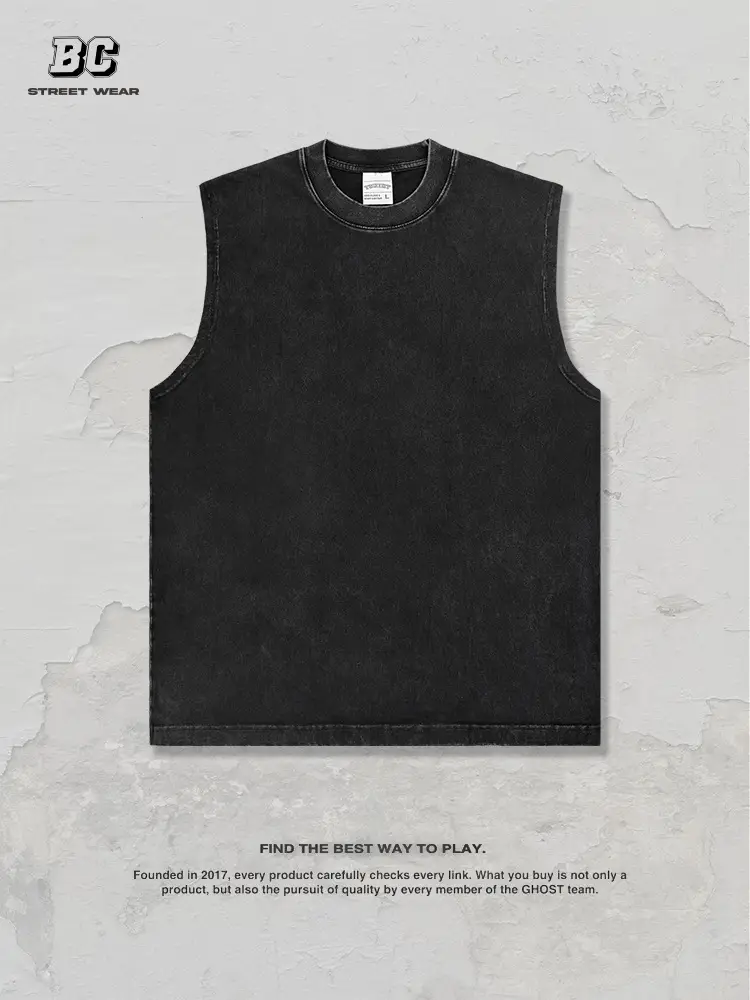 Vintage Cross-Border 260g Heavy Washed Black Sleeveless T-Shirt - Image 8