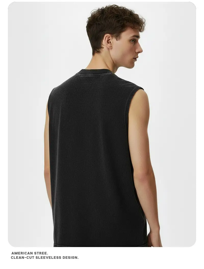 Vintage Cross-Border 260g Heavy Washed Black Sleeveless T-Shirt — feature 10