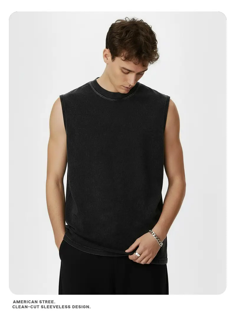 Vintage Cross-Border 260g Heavy Washed Black Sleeveless T-Shirt — feature 7