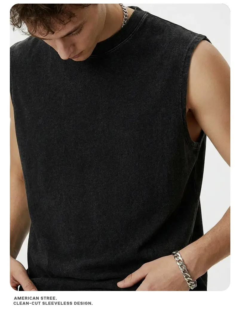 Vintage Cross-Border 260g Heavy Washed Black Sleeveless T-Shirt — feature 8
