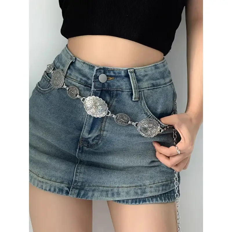 Women Retro Metal Waist Belt with Skirt Design