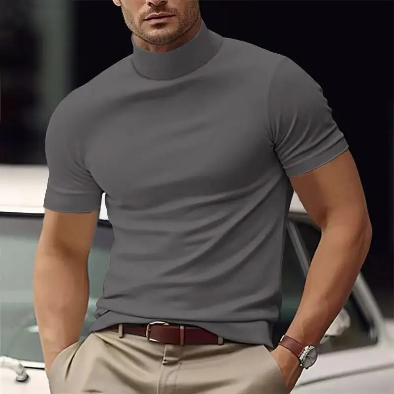 Men's Gray Half-High Neck Slim Fit T-Shirt - Image 4
