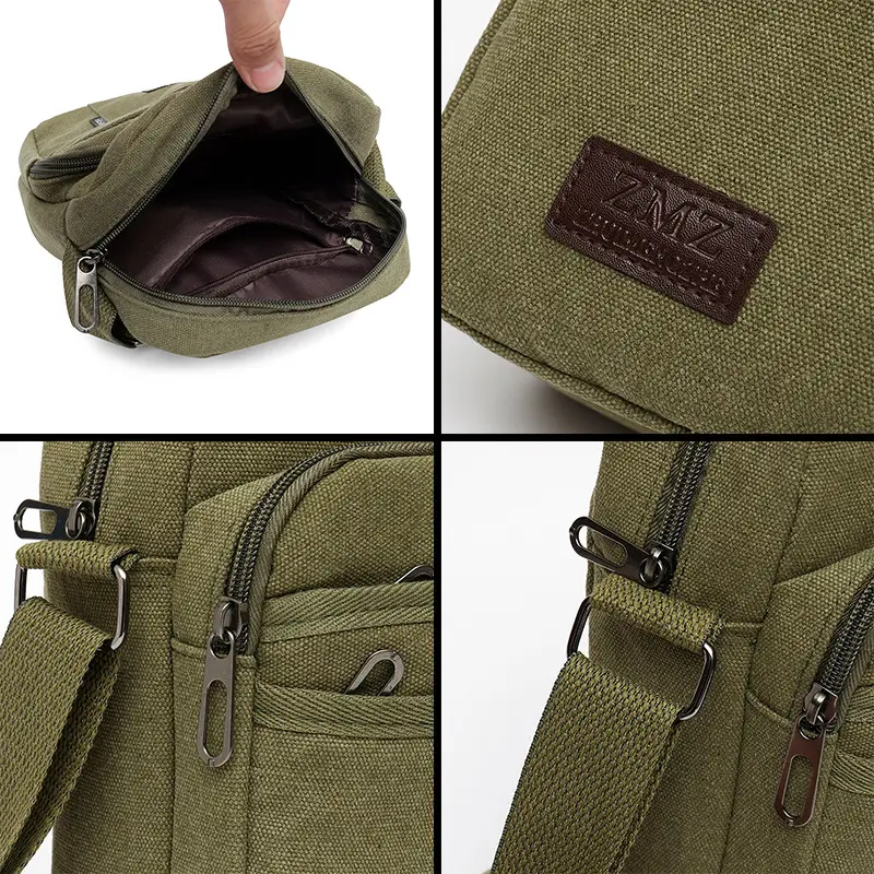 Men's Canvas Crossbody Bag Tan Multi-Layer Sports - Image 7