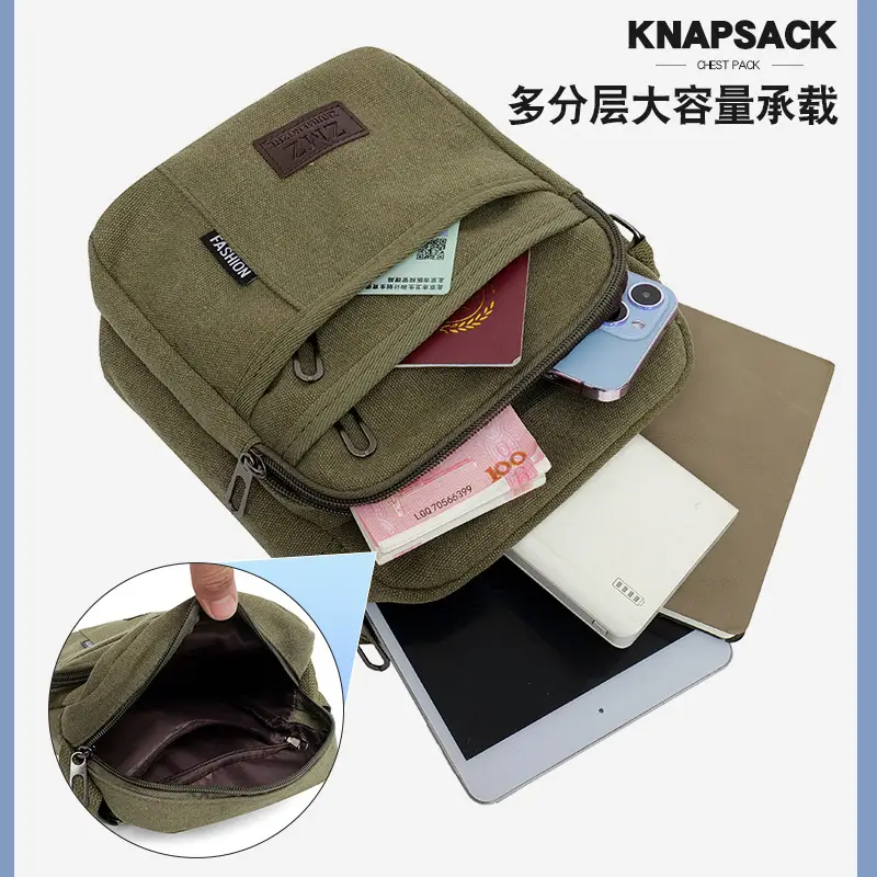 Men's Canvas Crossbody Bag Tan Multi-Layer Sports - Image 9