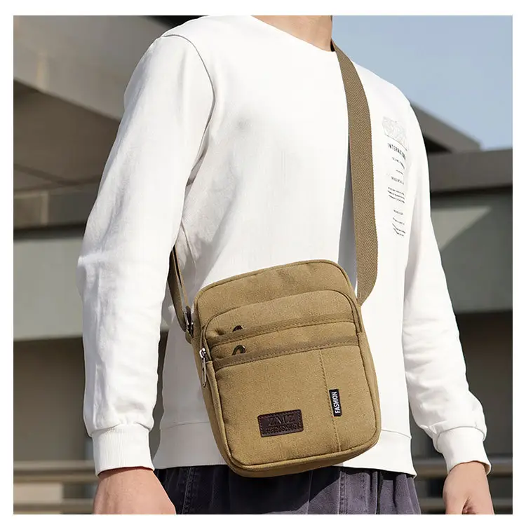 Men's Canvas Crossbody Bag Tan Multi-Layer Sports — feature 10