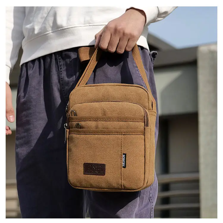 Men's Canvas Crossbody Bag Tan Multi-Layer Sports — feature 8