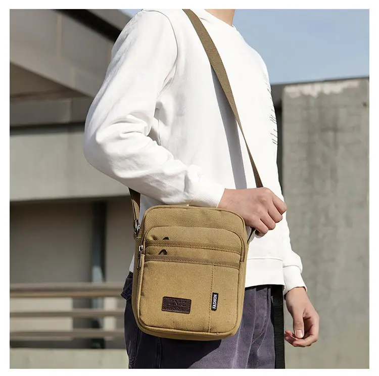 Men's Canvas Crossbody Bag Tan Multi-Layer Sports — feature 9