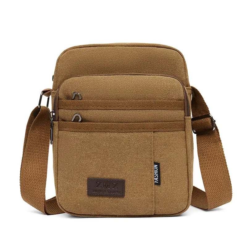 Men's Canvas Crossbody Bag Tan Multi-Layer Sports - Image 5