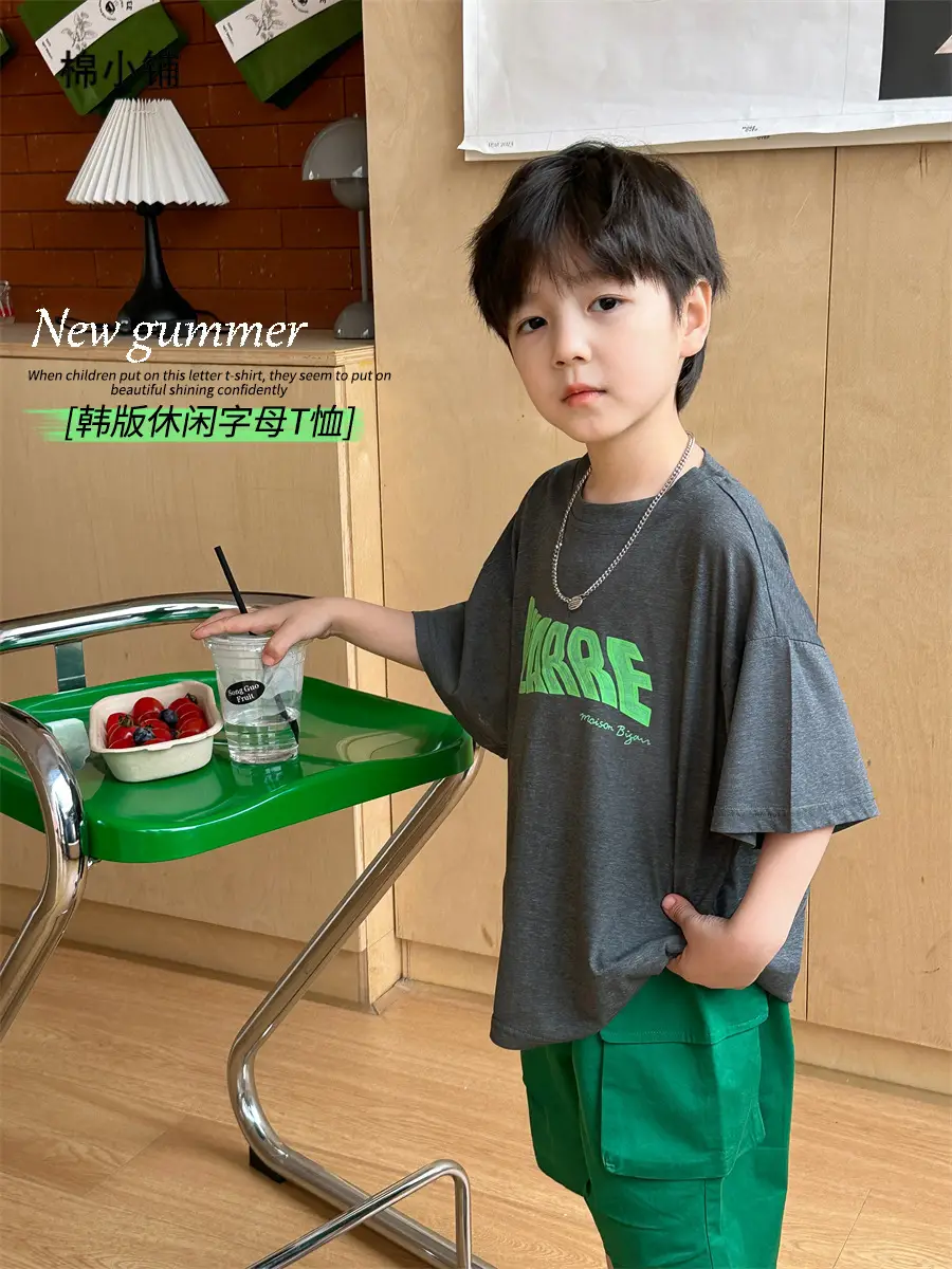 Boys Summer T-Shirt Green Gray Loose Kids 2025 - Image 2