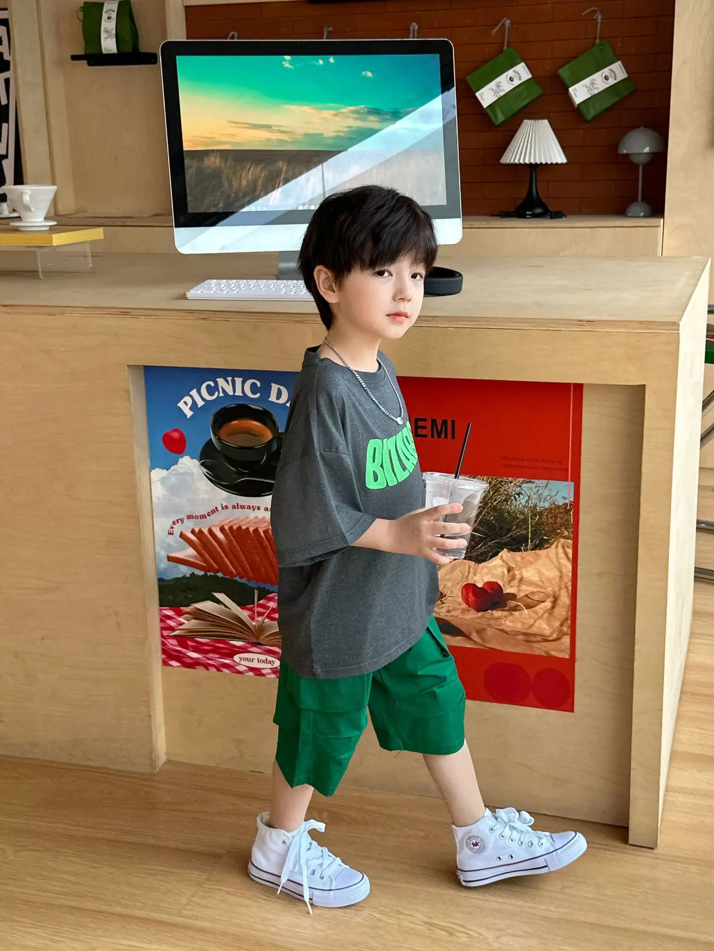 Boys Summer T-Shirt Green Gray Loose Kids 2025 — feature 13