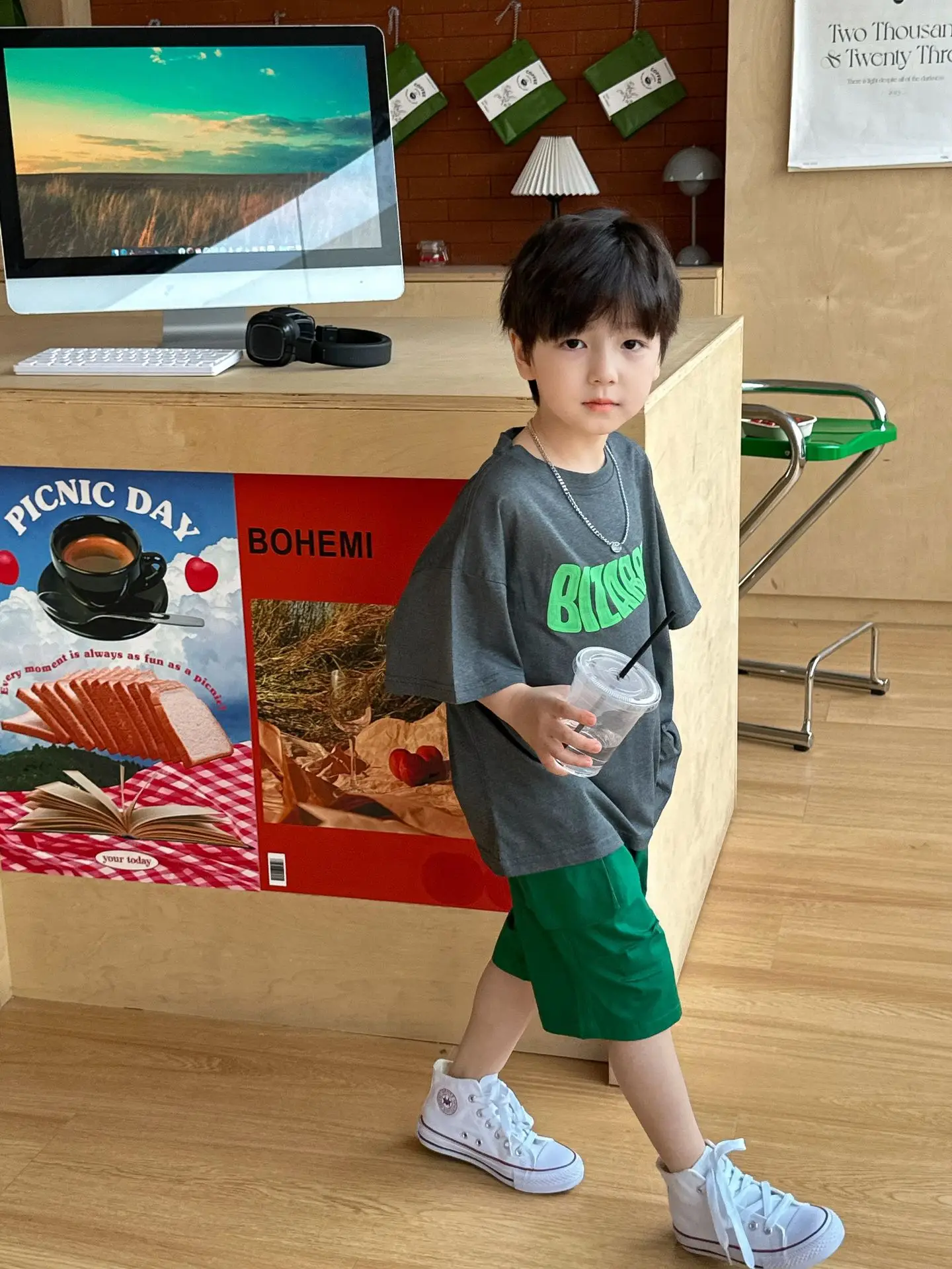 Boys Summer T-Shirt Green Gray Loose Kids 2025 — feature 14