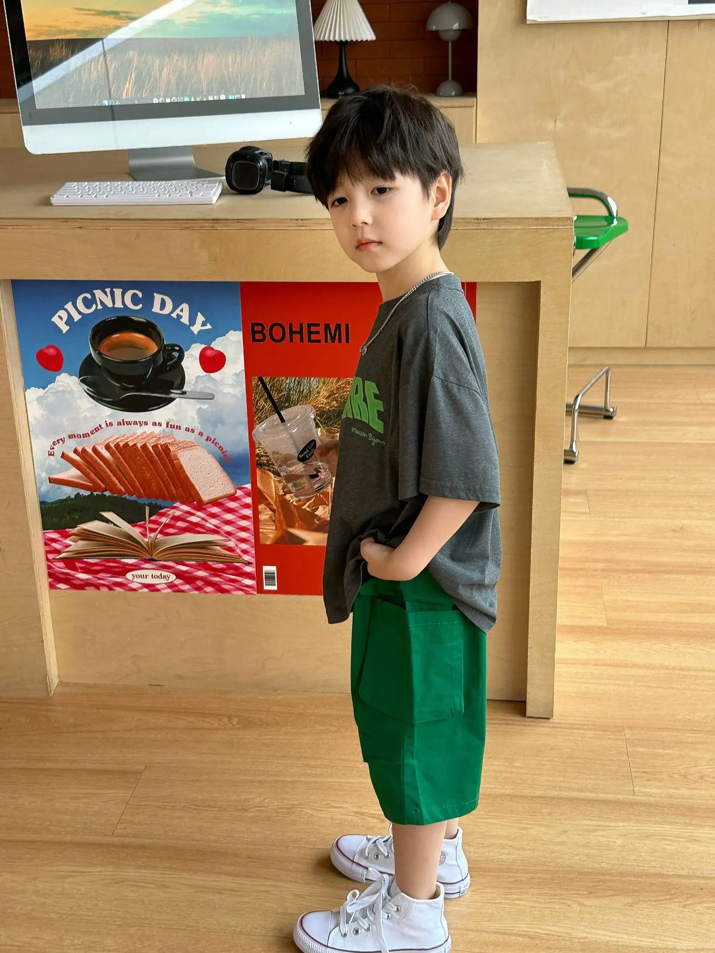 Boys Summer T-Shirt Green Gray Loose Kids 2025 — feature 15