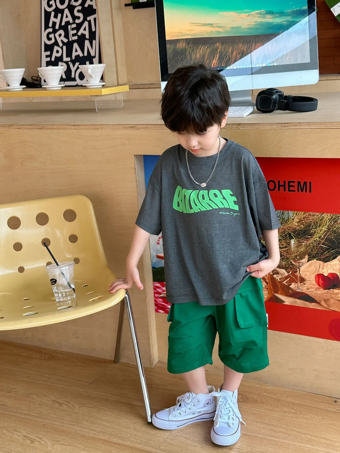 Boys Summer T-Shirt Green Gray Loose Kids 2025 — feature 18