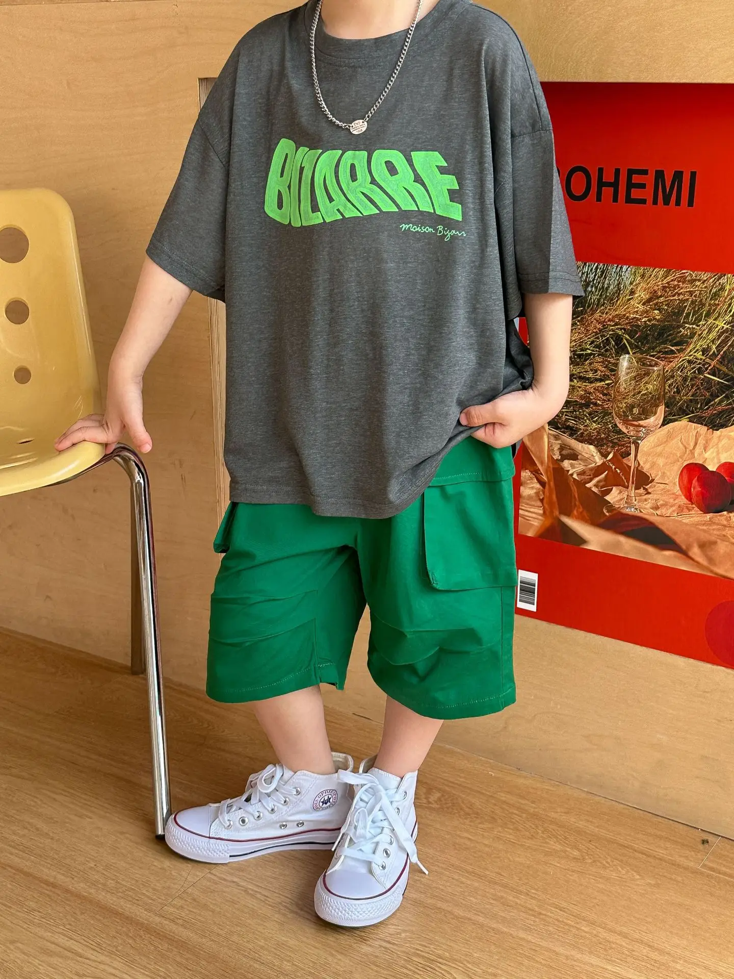 Boys Summer T-Shirt Green Gray Loose Kids 2025 — feature 19