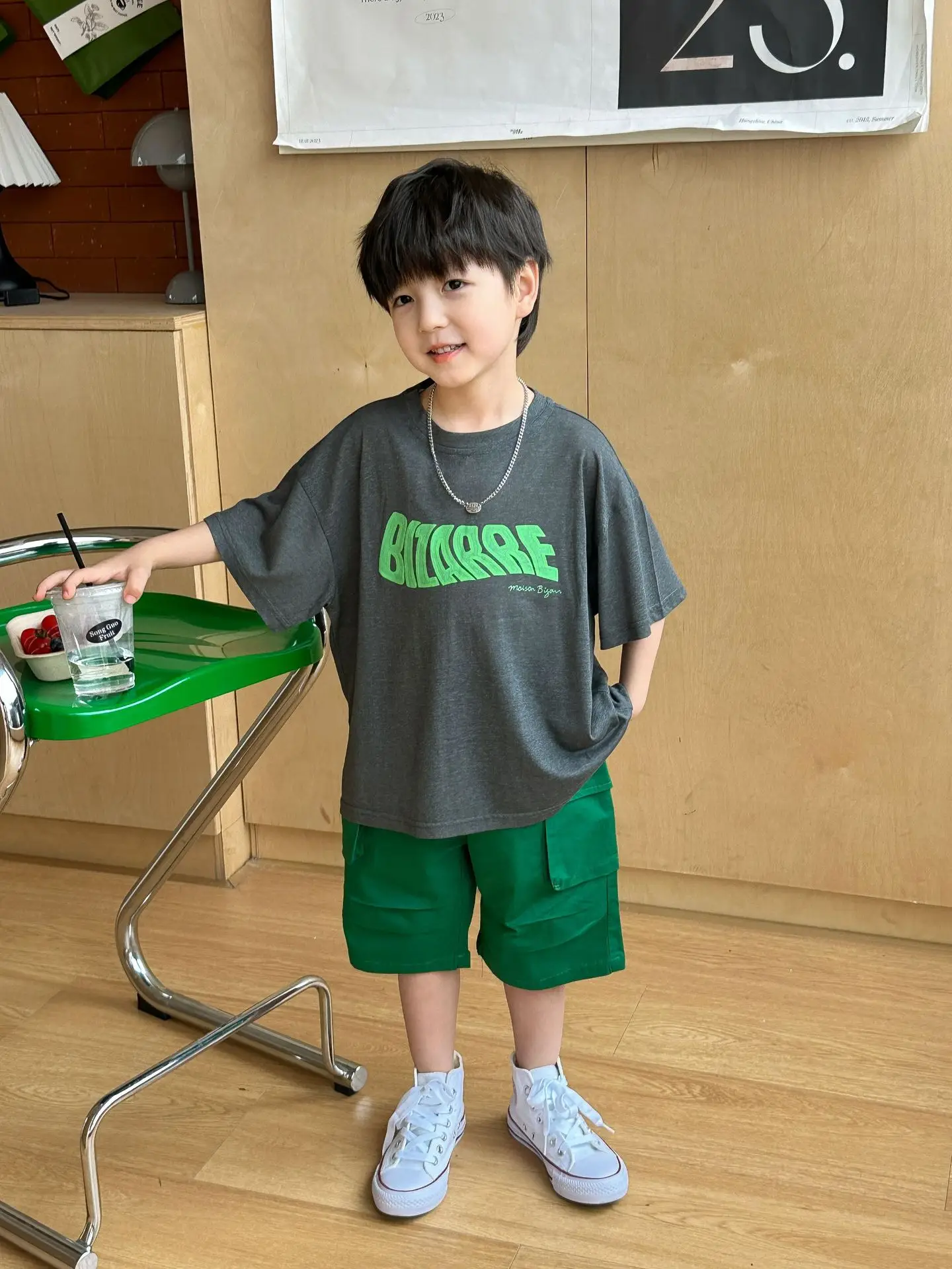 Boys Summer T-Shirt Green Gray Loose Kids 2025 — feature 3