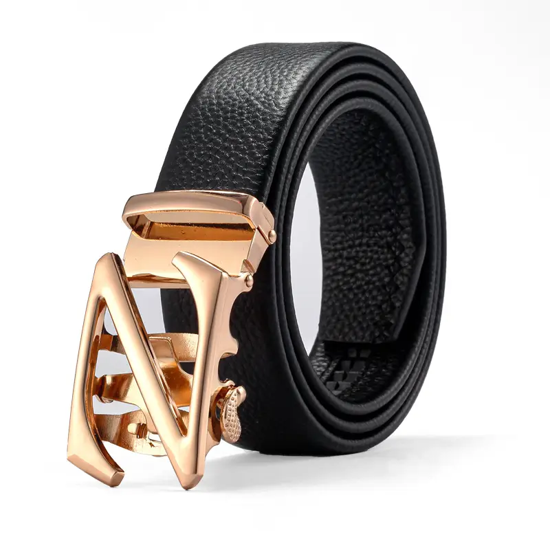 Men's Black Leather Belt with Gold Buckle & Customizable