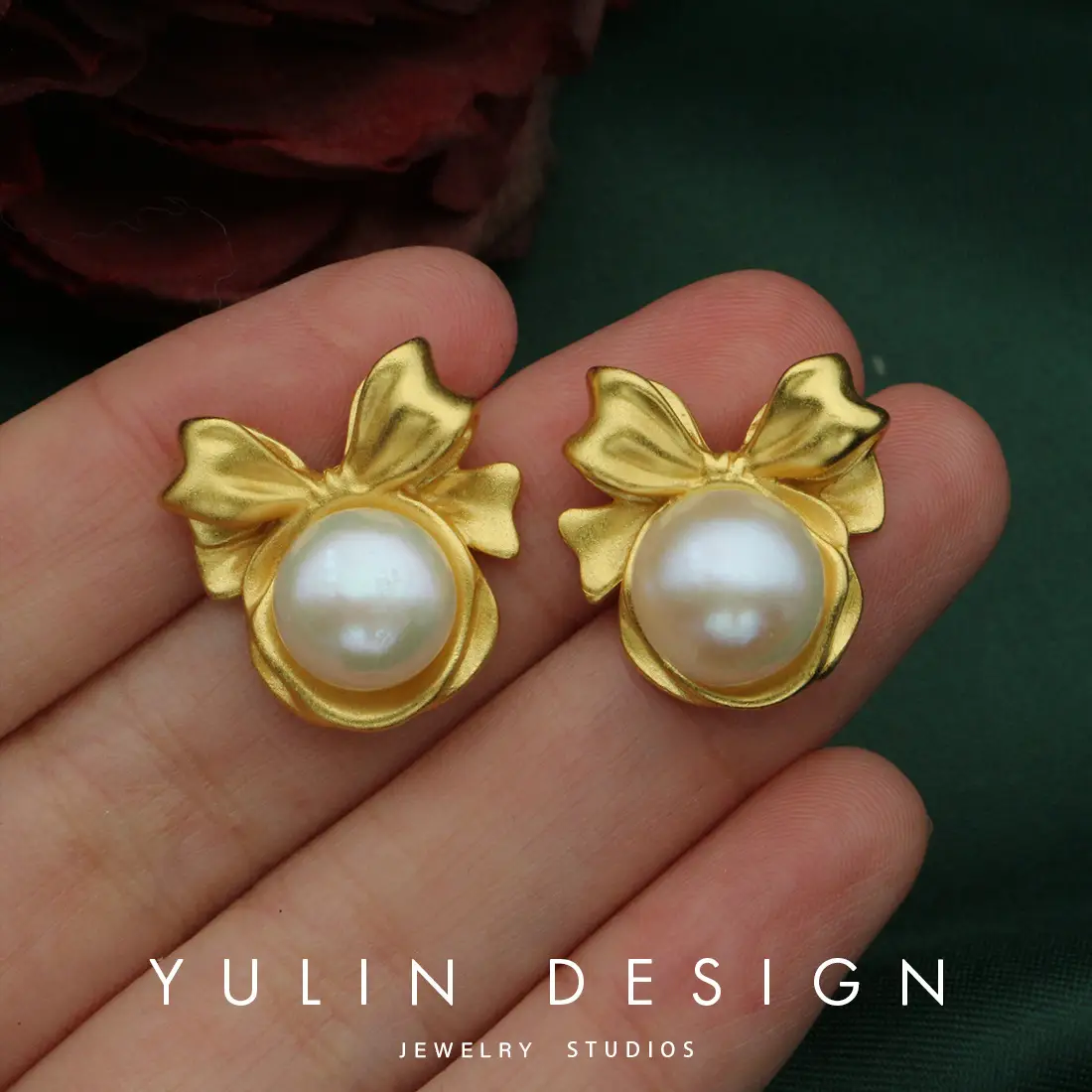 French Gold Bow Earrings with Natural Pearl Studs - Image 2