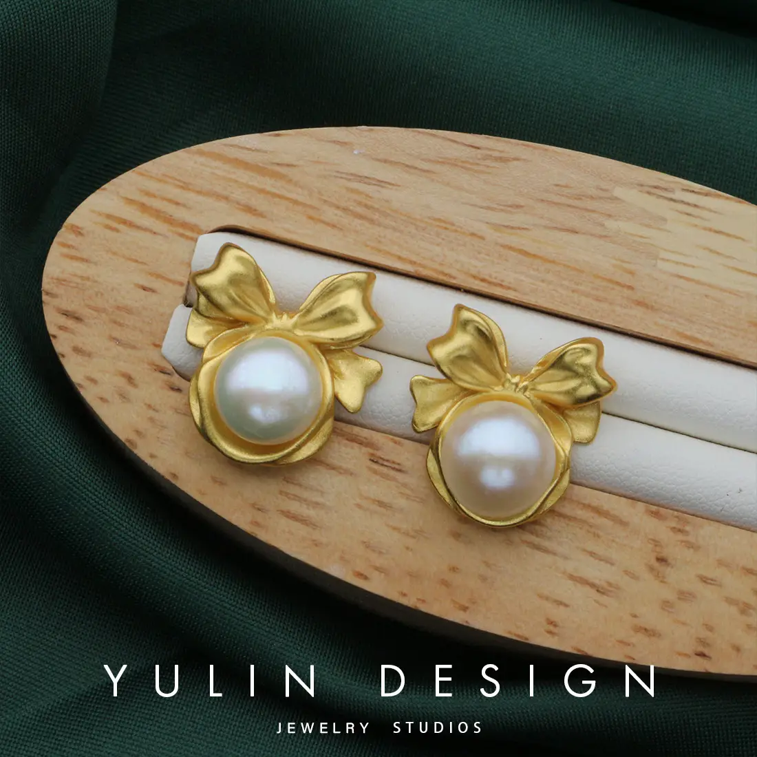 French Gold Bow Earrings with Natural Pearl Studs - Image 4