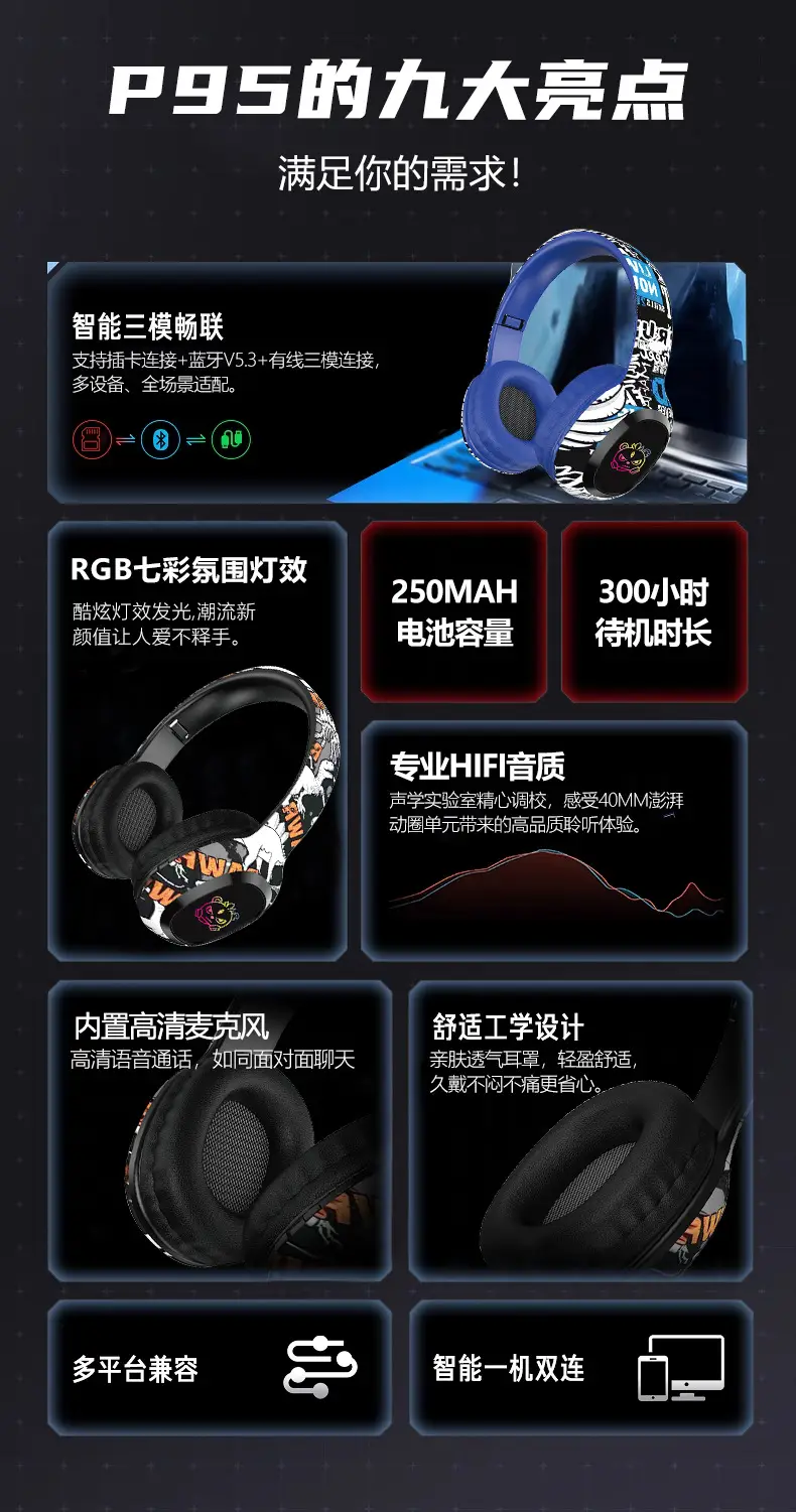 Wireless Bluetooth Headphones with Luminous Graffiti Design — feature 5
