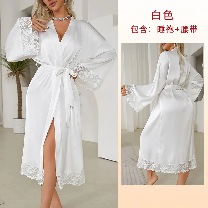 White Satin Nightgown with Belt & Lace - Image 2